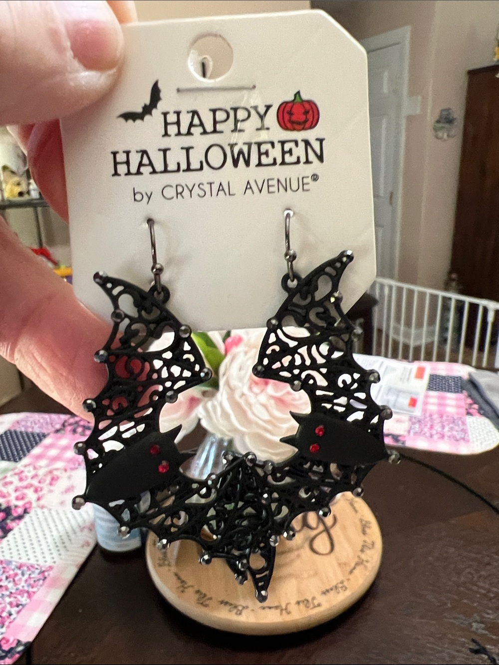 Crystal Avenue Black Filigree Bat Drop Earrings with Red Accents